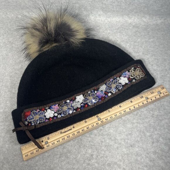Uno Alla Volta Mia Black Italian Wool Cap Womens Embellished Handmade Artisan - Picture 7 of 9